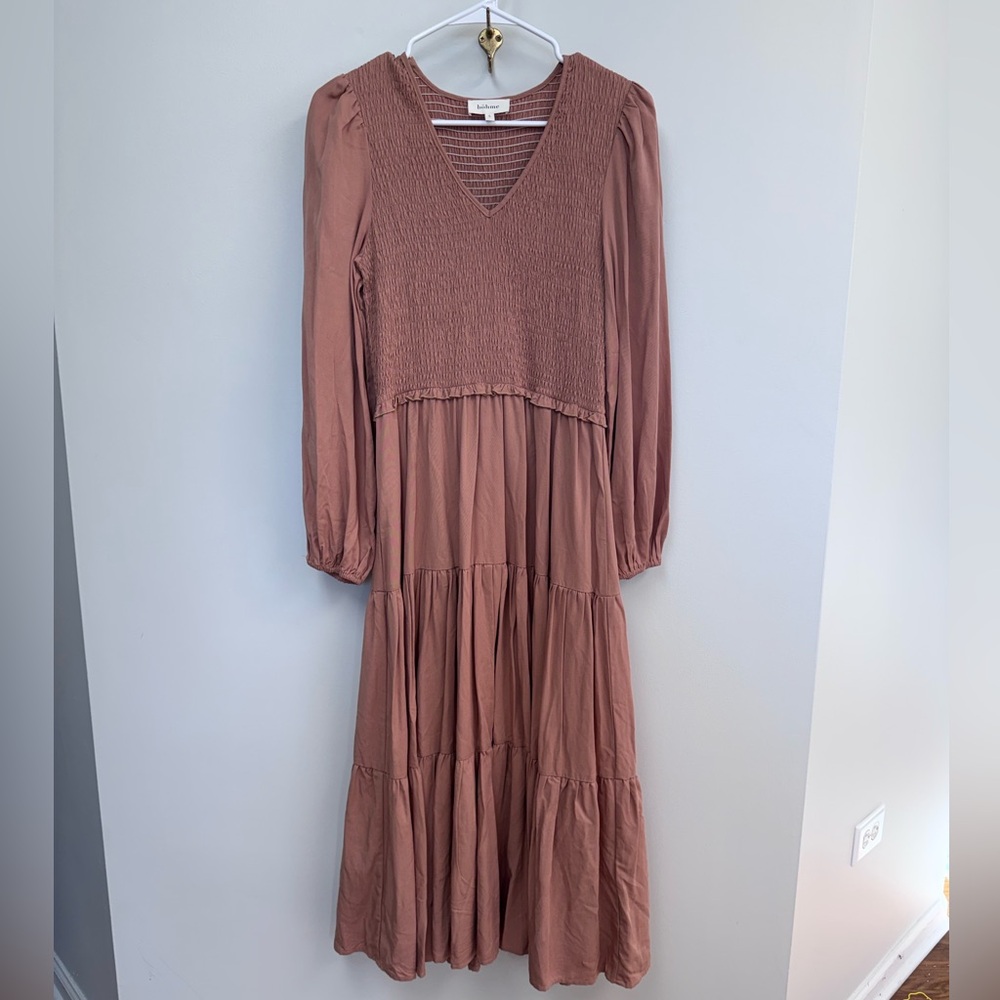 Long Sleeve Tiered V-Neck Dress - Dusty Rose